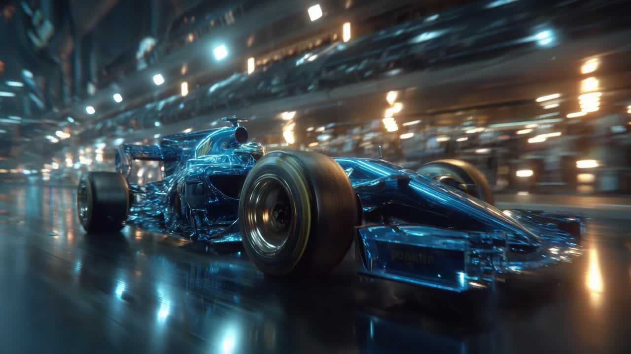 A Stunning High-Speed View of a Futuristic Blue Race Car in a Dynamic Racing Environment, Capturing the Essence of Speed and Innovation on the Track