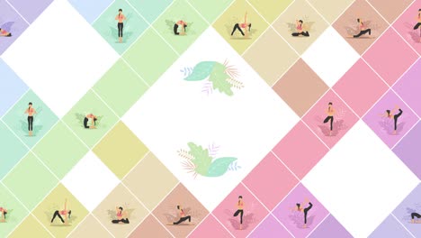 yoga exercise in nature. collection of female cartoon character demonstrating various yoga position. colorful flat loop animation. relax and meditate.