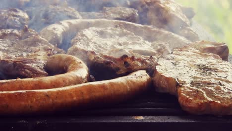 Assorted-delicious-grilled-meat,-Top-view,-sausages,-chicken,-pork