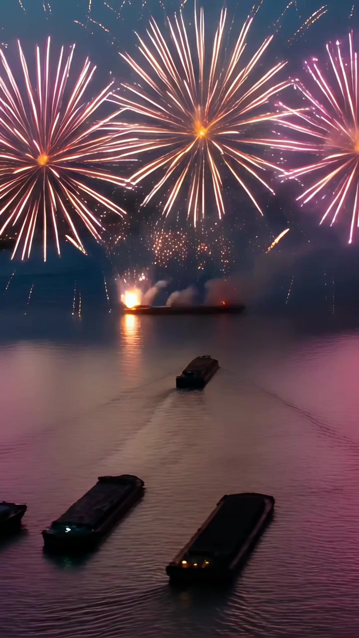Video verticale: Chiatta di lancio che spara proiettili sul mare, chiatte che si muovono, scie illuminate e fumo che sale.