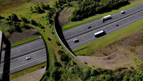 pan rotating aerial of time lapse of freeway traversed by wildlife crossing for animals to migrate between conservancy areas revealing bike bridge besides