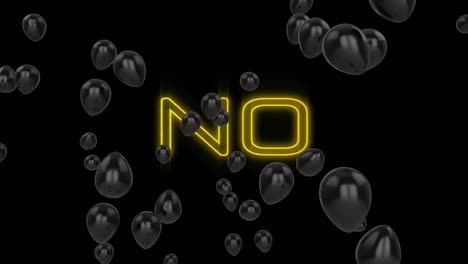 Animation-of-text-no,-in-yellow-neon-with-black-balloons-on-black-background