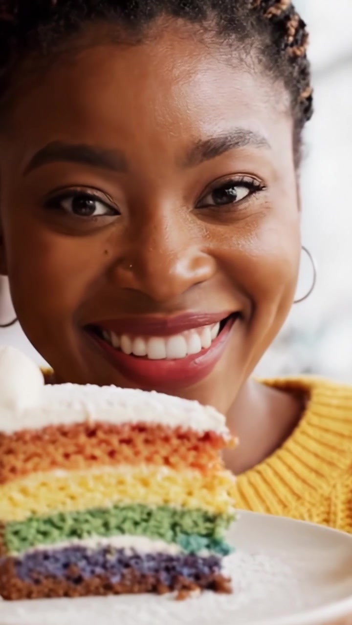 Moments délicieux : Une femme savourant un gâteau arc-en-ciel coloré avec une anticipation joyeuse et dégustant chaque bouchée, capturant l'essence de la douce gourmandise.