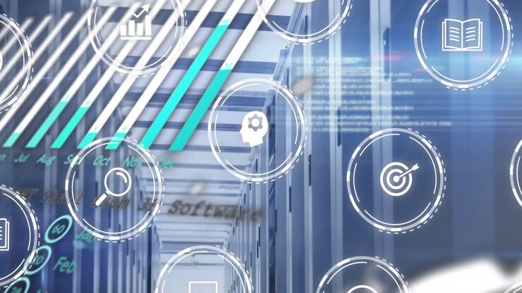 Animation of icons and data processing with connections over computer server