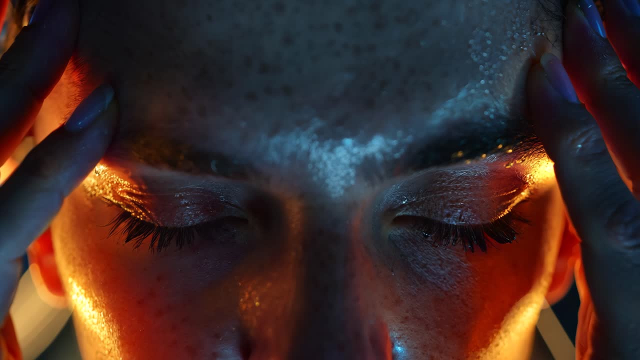 A woman with her hands on her head in a dark room. Concept of stress and exhaustion