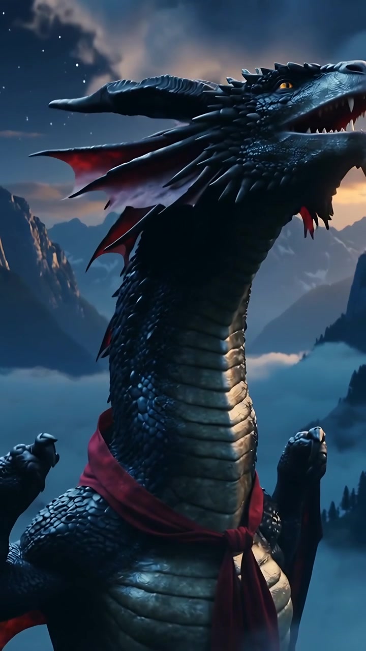 Vidéo verticale : Dragon se tournant et ouvrant les mâchoires dans les pics avec la lueur de l'aube montante, avec une écharpe rouge.