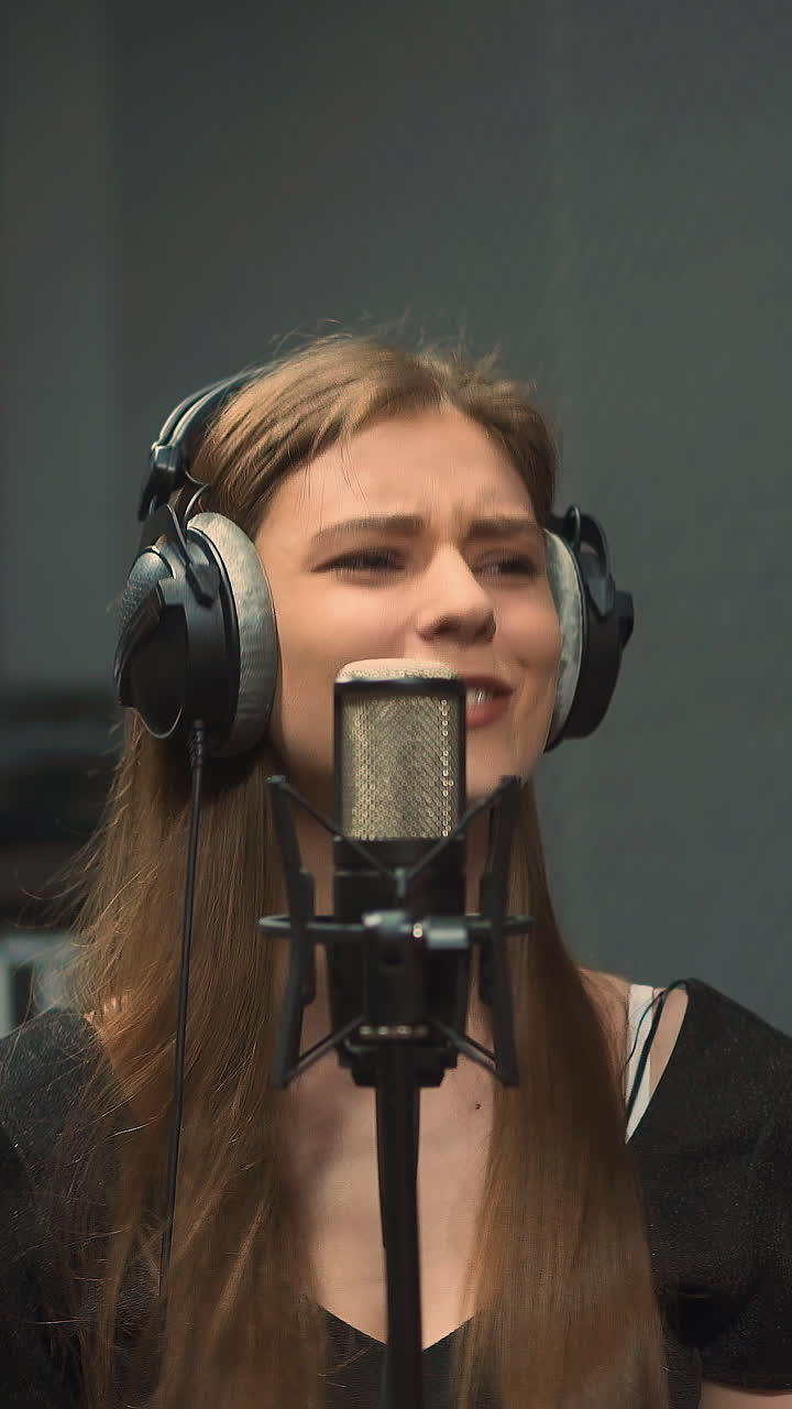 Expressive young woman singer with black headphones records new song with contemporary microphone dancing in dark audio studio close view