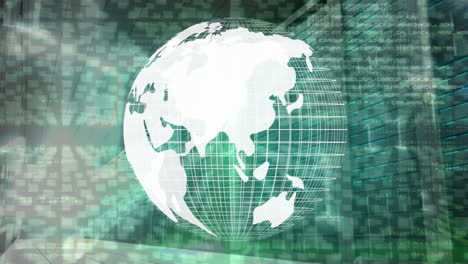 animation of globe rotating over binary code and servers in green space