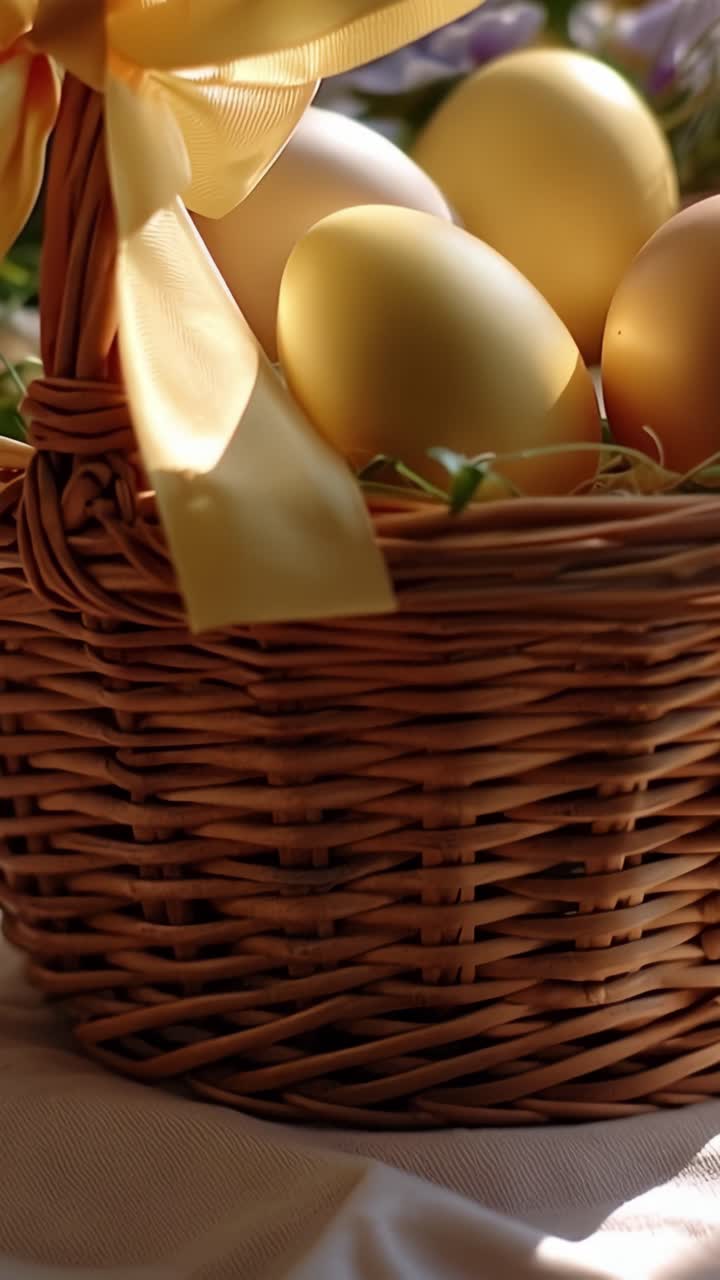 A Beautiful Golden Egg Basket Surrounded by Colorful Flowers, Perfectly Captured in Soft Natural Light for a Springtime or Festive Celebration