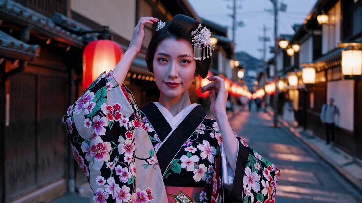 Elegante donna giapponese in kimono in posa su una strada tradizionale al tramonto