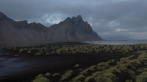 aerial view of vestrahorn mountain in stokksnes beach of south iceland during blue hour