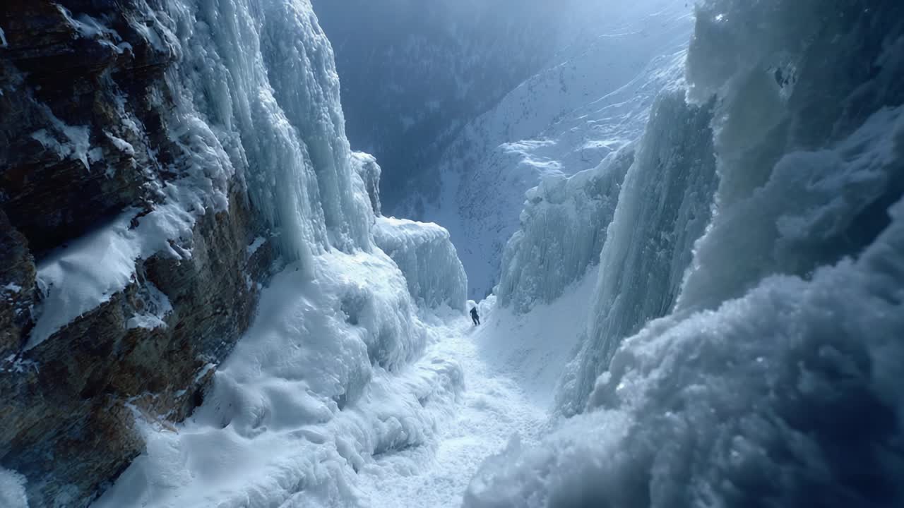 A solitary figure descends a breathtaking icy ravine, surrounded by magnificent frozen cliffs and glistening snow, capturing the essence of winter's beauty in stark contrast