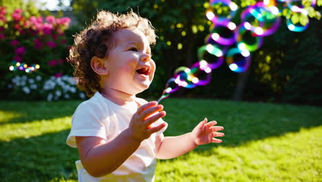 happy toddler laughing and playing with bubbles outdoors