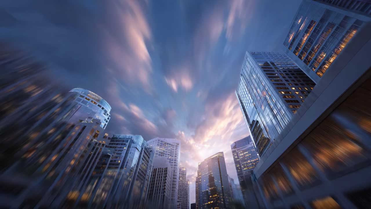 Transizione dinamica del panorama urbano dal crepuscolo alla notte: un viaggio visivo attraverso l'architettura moderna e le luci della città catturato in due immagini