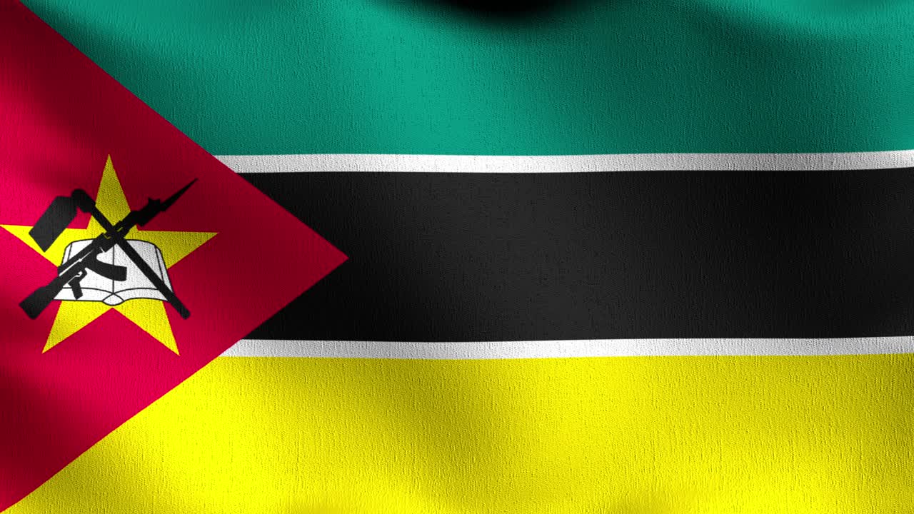bucle sin costura 4k vdo. bandera nacional de mozambique soplando en el viento aislado. diseño abstracto patriótico oficial. ilustración de renderización 3d del símbolo del signo ondulante.