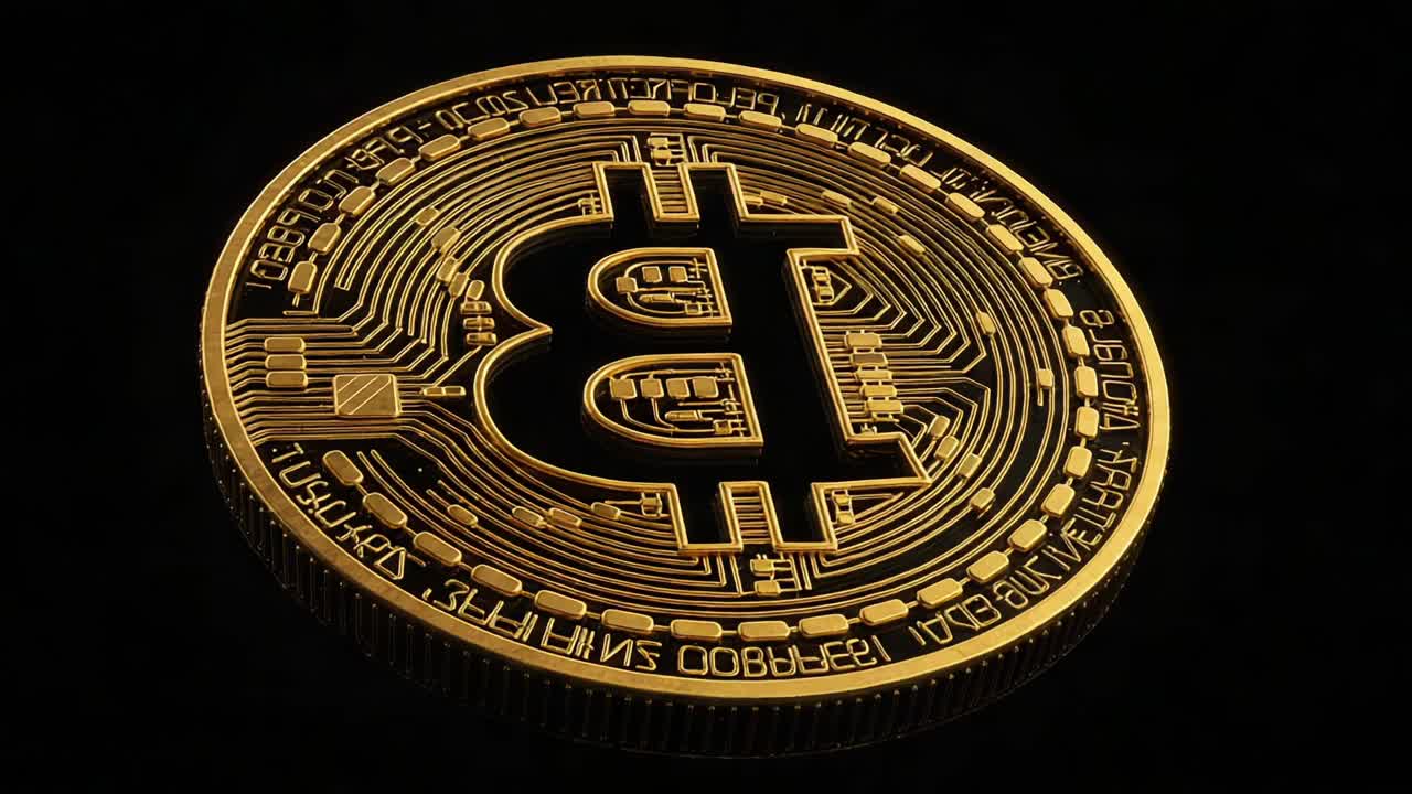 Exploring the Intricacies of Digital Currency: A Close-Up on a Bitcoin Coin Highlighting Its Unique Design and Technological Features in Golden Brilliance