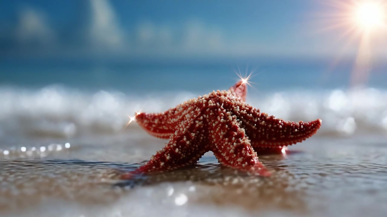 Captivating Views of a Vibrant Starfish Glimmering in the Gentle Ocean Waves Under a Bright Sunlight, Showcasing Nature's Beauty on a Serene Beach