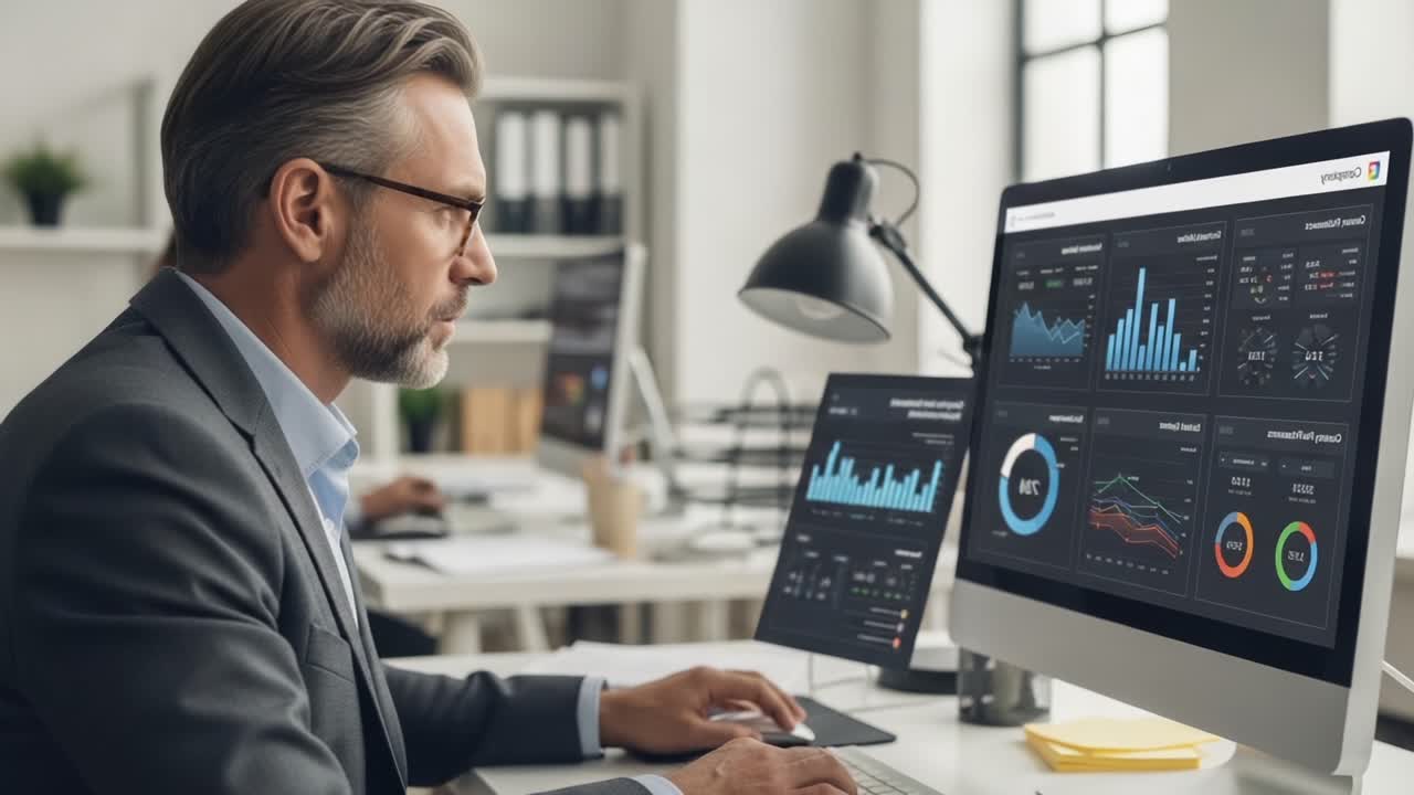 Focused Professional Analyzing Data Analytics Visualization on Multiple Monitors in a Modern Office Environment, Showcasing Technology and Business Insights