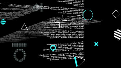 animation of rotating shapes over text data files processing on black background