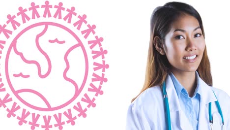 Animation-of-pink-globe-logo-over-smiling-female-doctor