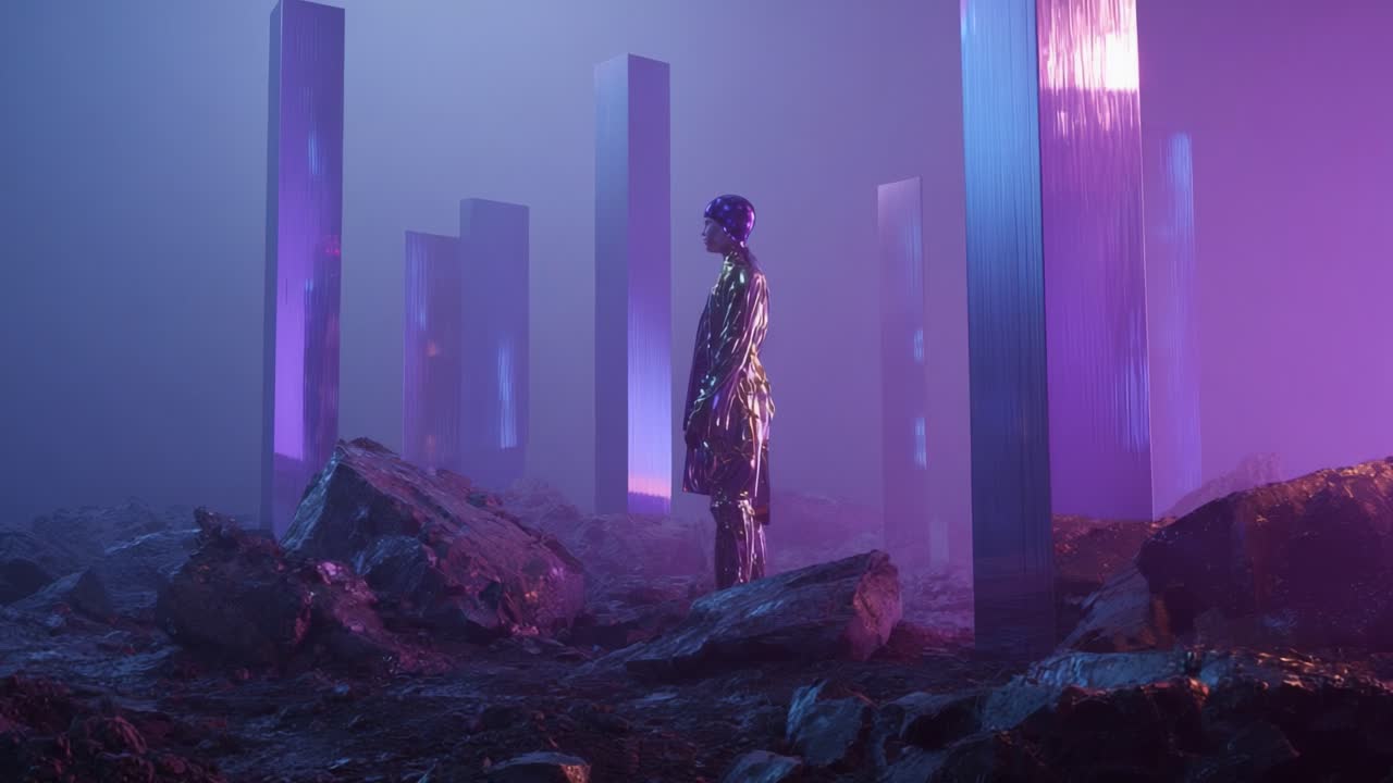 Surreal Futuristic Landscape with Figure and Monoliths