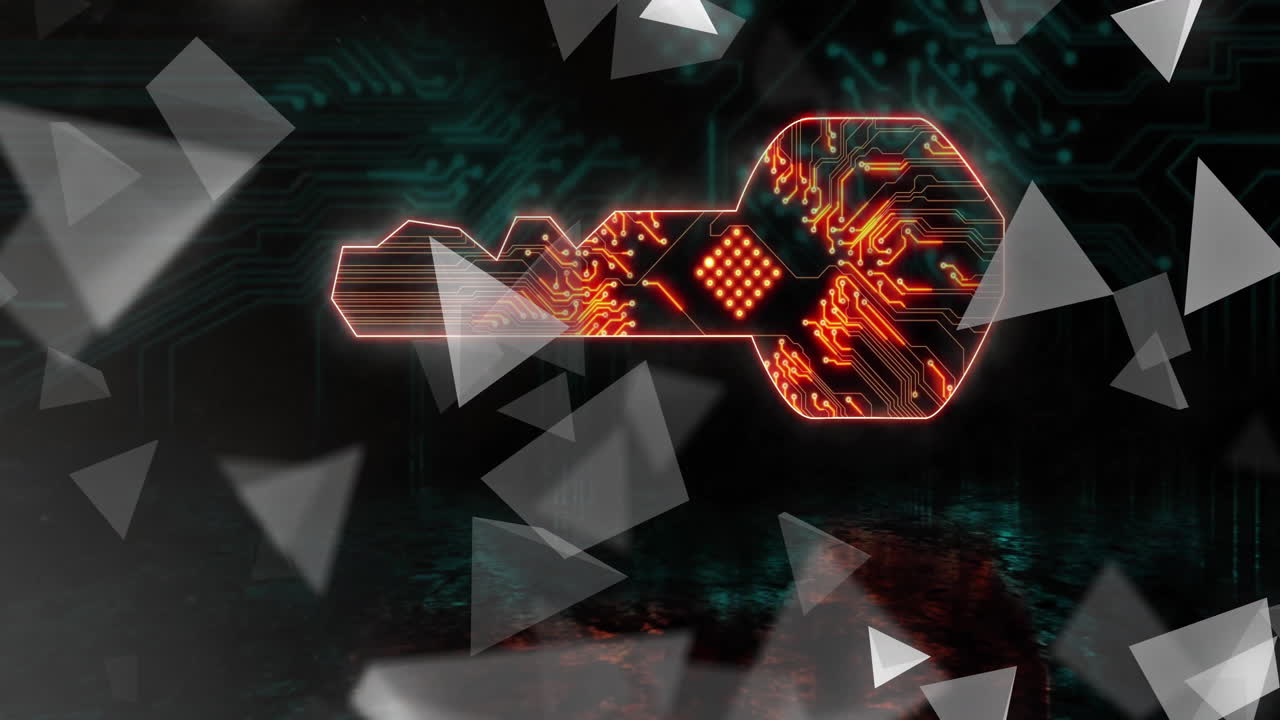 회로판 디자인과 떠다니는 삼각형 애니메이션을 가진 디지털 키