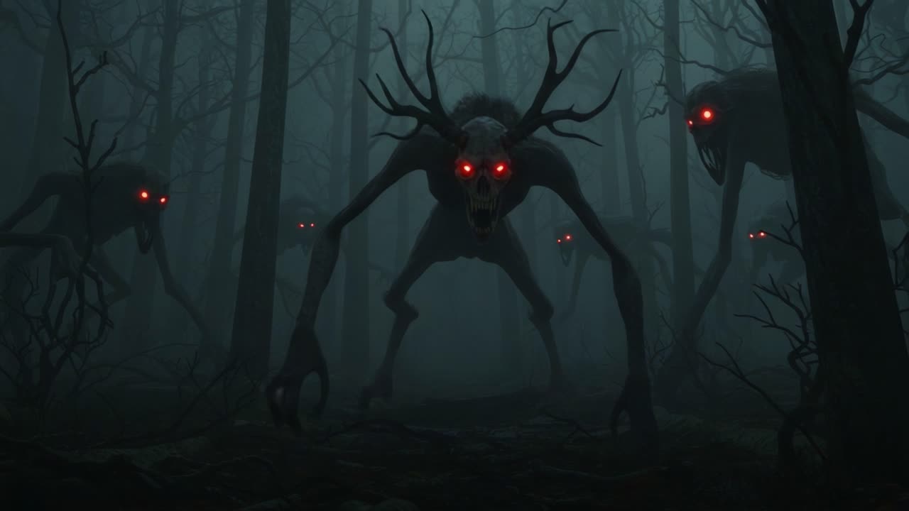 In una foresta oscura e inquietante, creature terrificanti con occhi rossi luminosi e tratti minacciosi emergono dalle ombre, creando un'atmosfera agghiacciante piena di suspense e terrore.