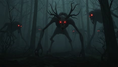 in a dark, eerie forest, terrifying creatures with glowing red eyes and menacing features emerge from the shadows, creating a chilling atmosphere full of suspense and dread