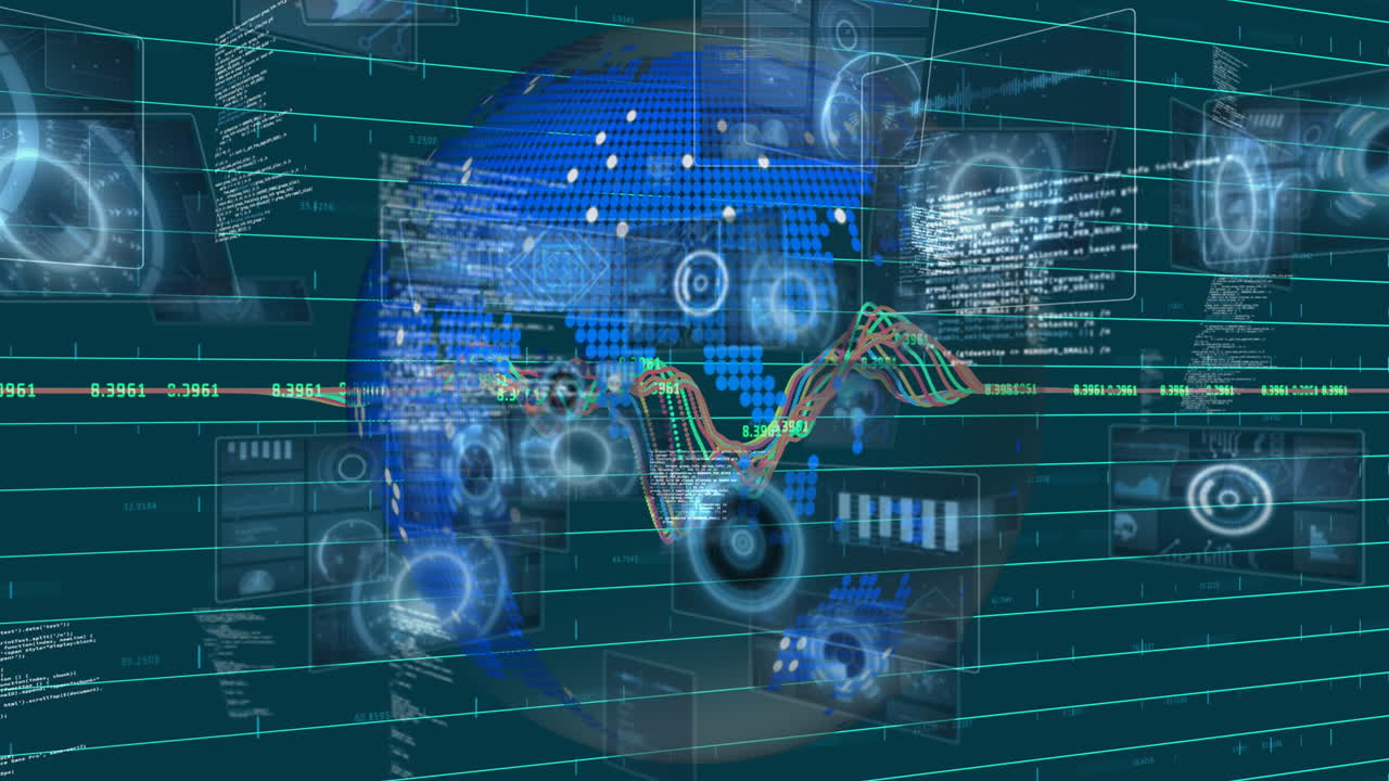 Animation of data processing and scope scanning over globe on black background