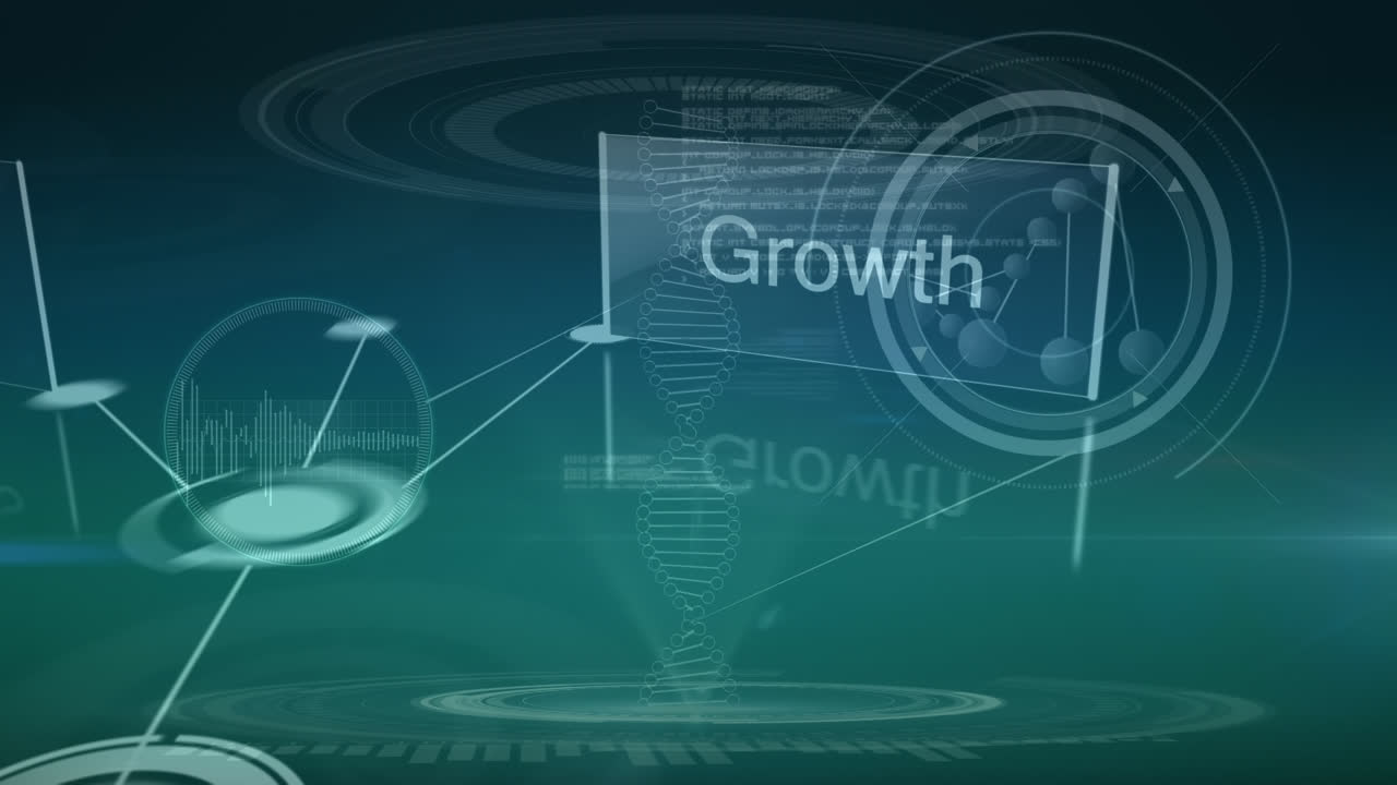 Animation of scientific data, dna, writing and connections over navy and green background