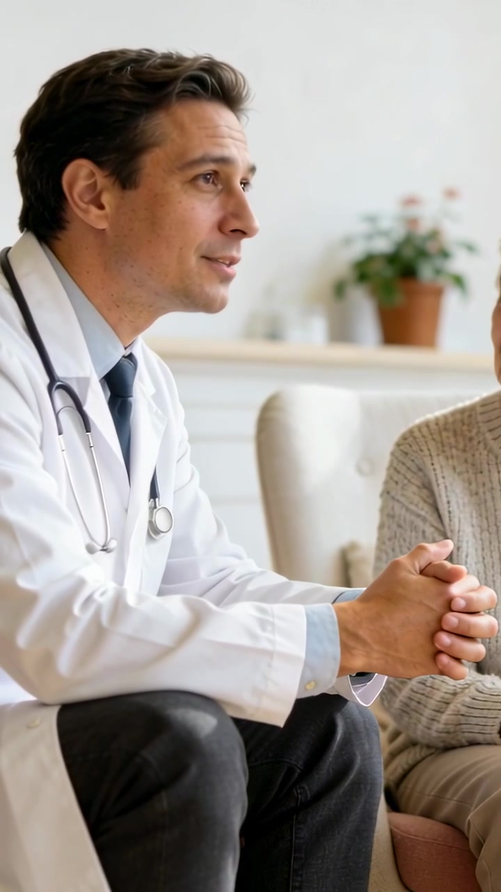 Video verticale: Inizio consulto, medico in camice con stetoscopio che spiega al paziente a casa.