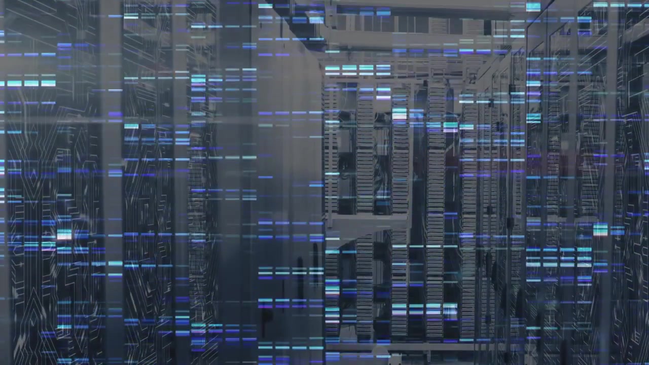 Cyan glitch bars appearing then drifting across server racks corridor showing network disturbance