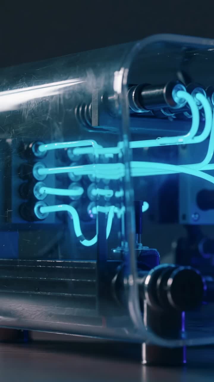 Vertical video: Panning camera showing blue neon tubes inside acrylic case on bench, checking posts