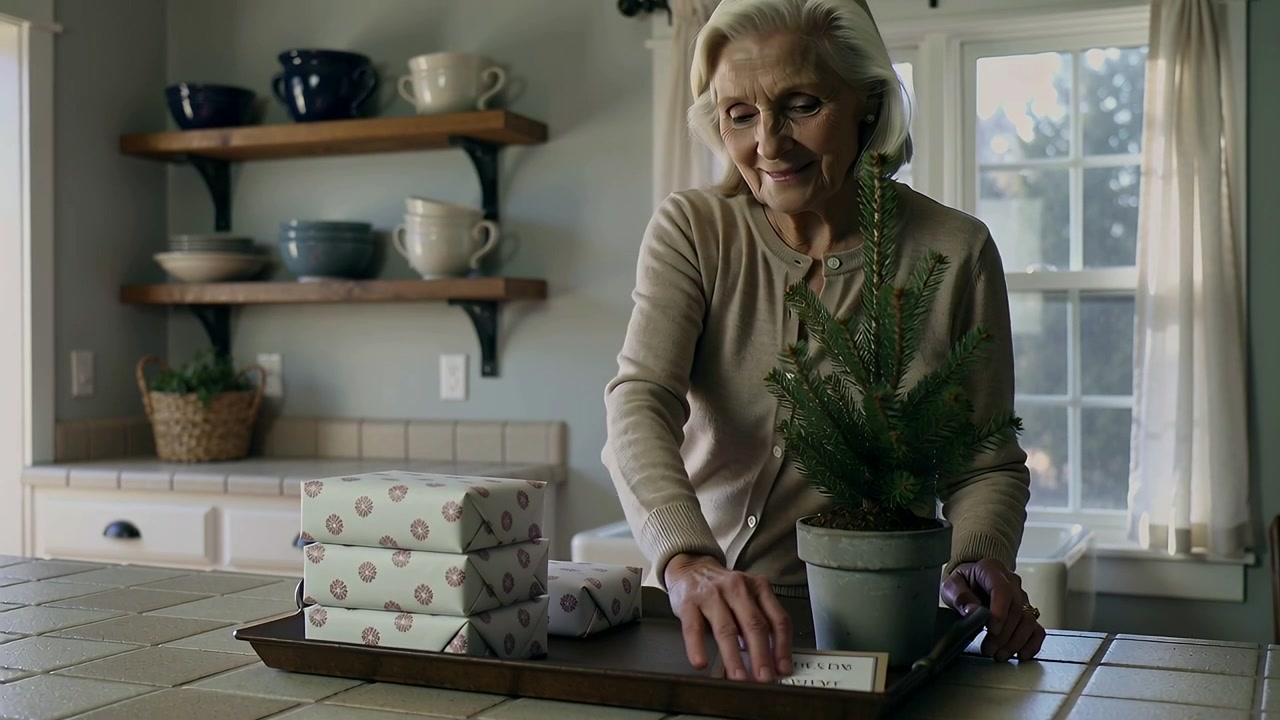 Senior woman in tan cardigan arranging gifts in kitchen with tray, plant and card