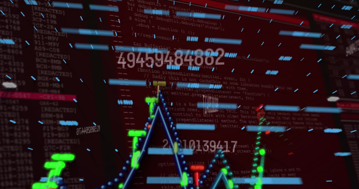 Animation of data processing and statistics on dark background