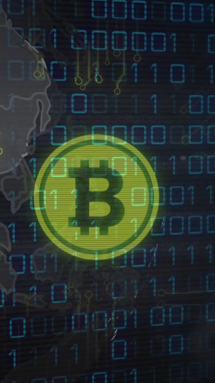 Animación de procesamiento de datos sobre globo y bitcoin