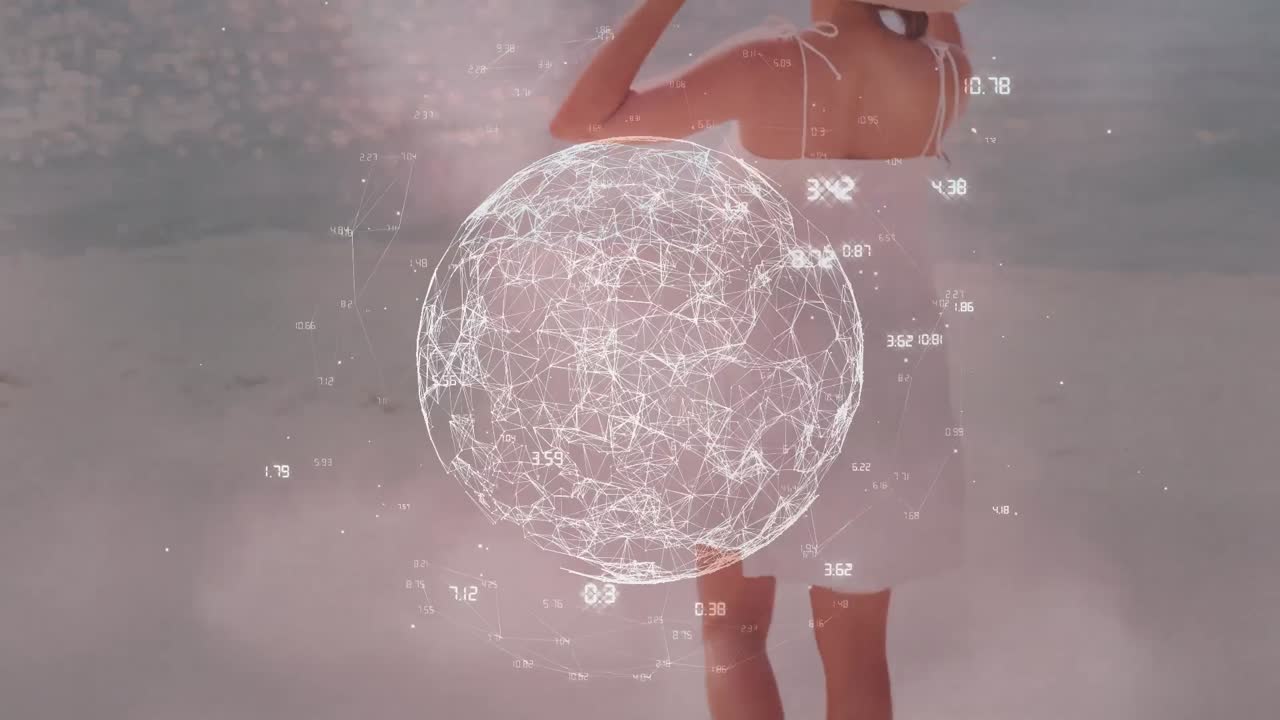 디지털 글로브 와 숫자 의 애니메이션 이 해안 에 서 있는 모자 를 입은 여자 의 뒤쪽 시야 를 회전 시키고 있다