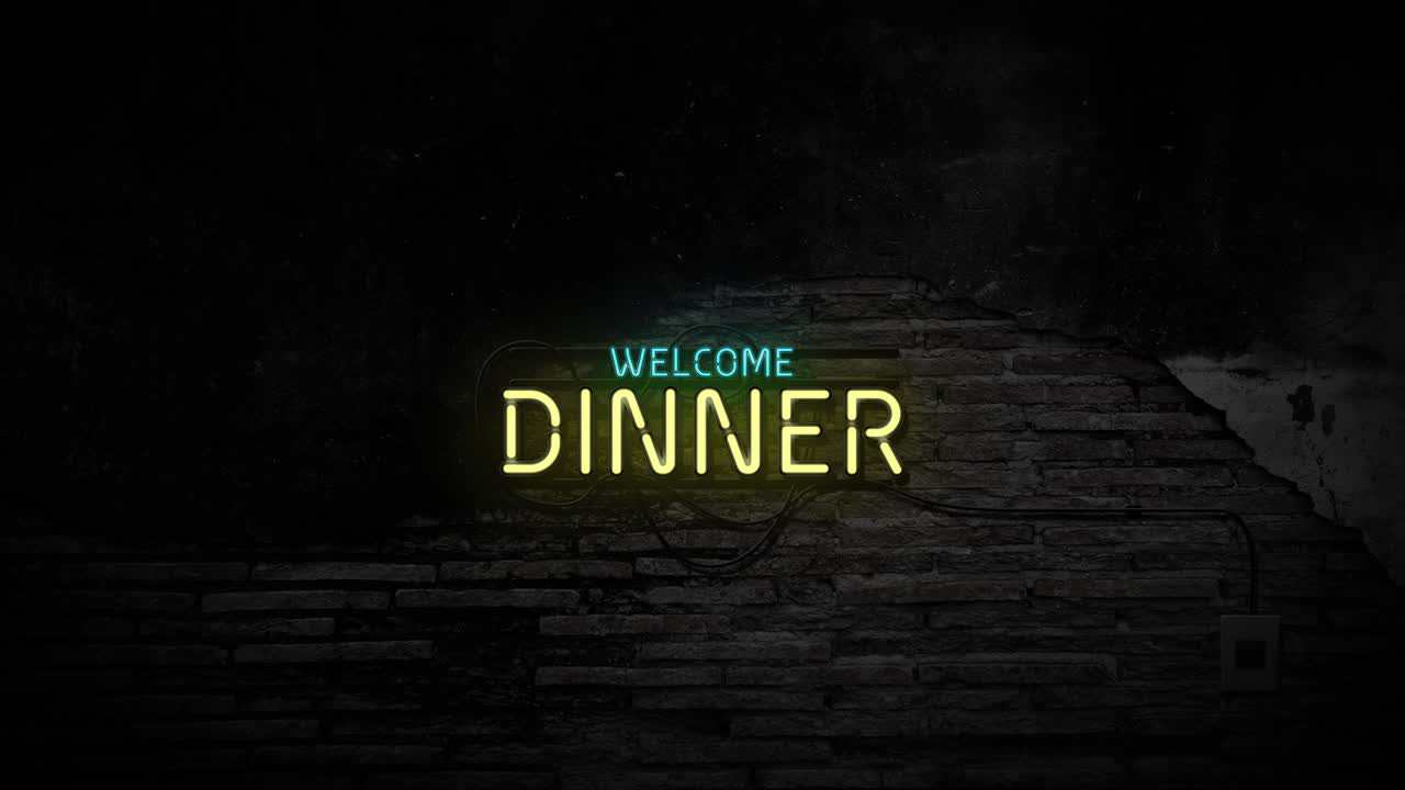 señal de neón de bienvenida a la cena en el fondo de la pared de ladrillo. concepto de negocio y servicio.