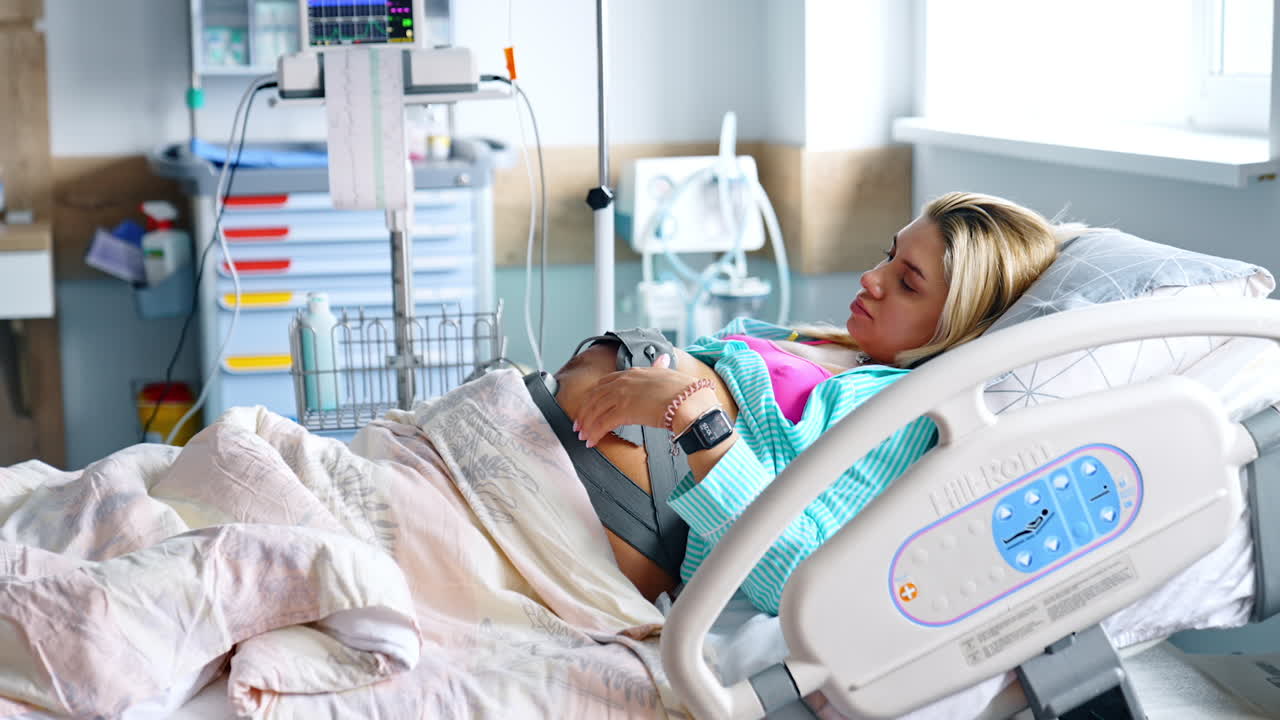 Blonde pregnant woman strokes her belly with attached cardiotocography belt. Future mom before childbirth in maternity hospital.