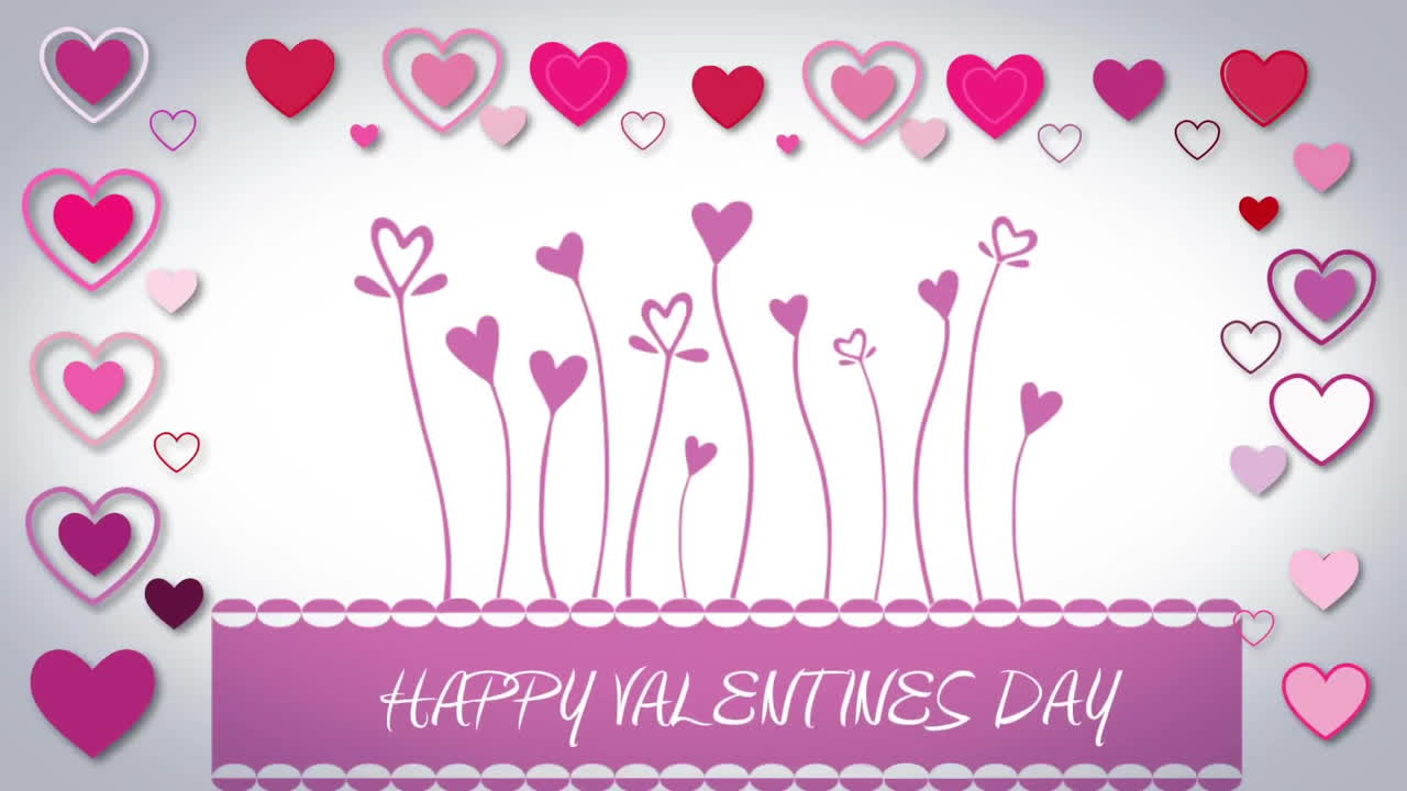 Animation of happy valentines day text in rectangle over heart shapes against white background