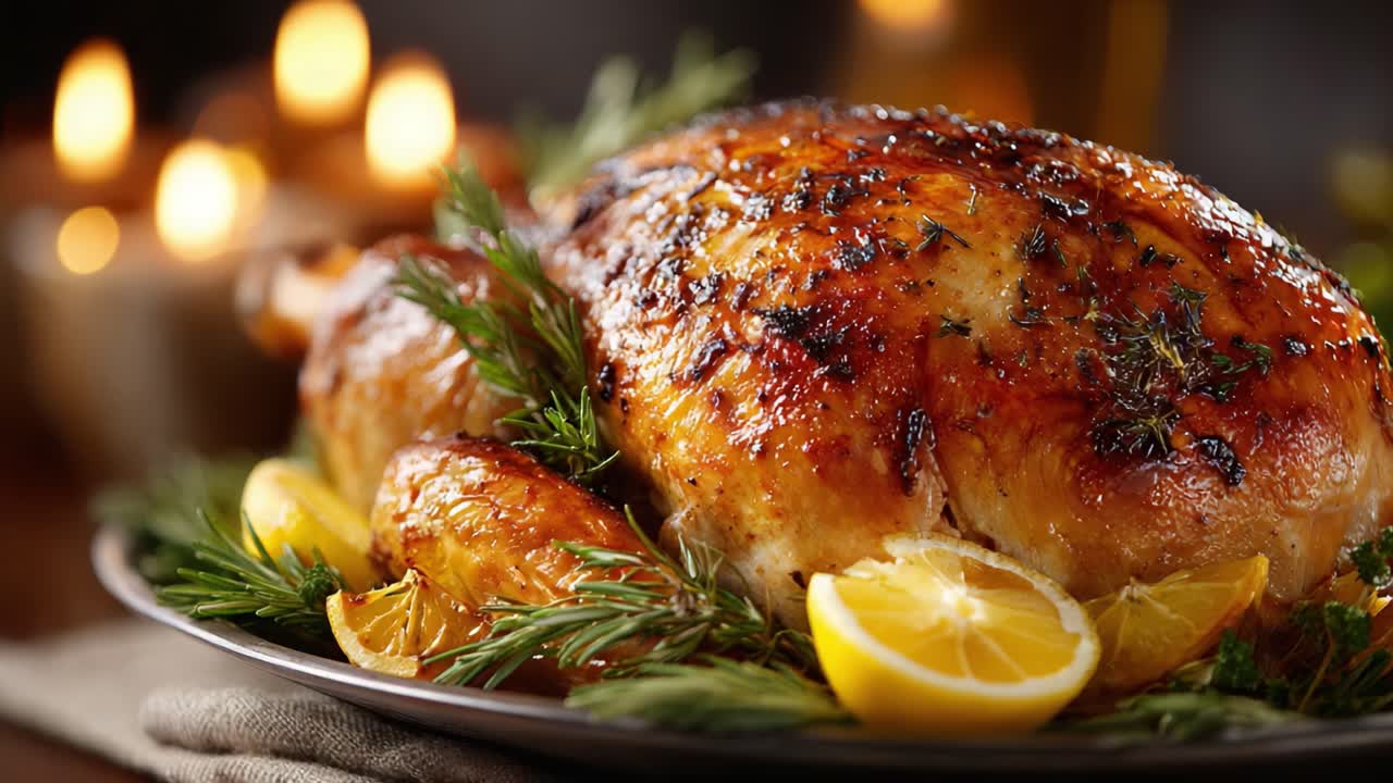A Beautifully Roasted Chicken Garnished with Fresh Herbs and Lemon, Perfectly Golden Brown, Surrounded by Warm Candlelight for an Inviting Dining Experience