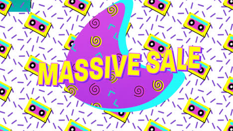 Animation-of-massive-sale-text,-cassettes-tapes-over-lines-and-circular-pattern-on-white-background
