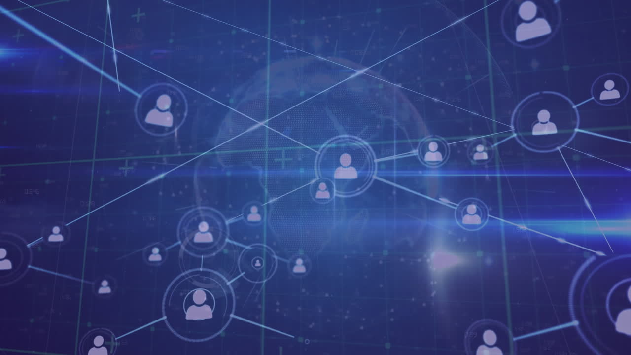 Animation of network of profile icons, globe and light trails against blue background