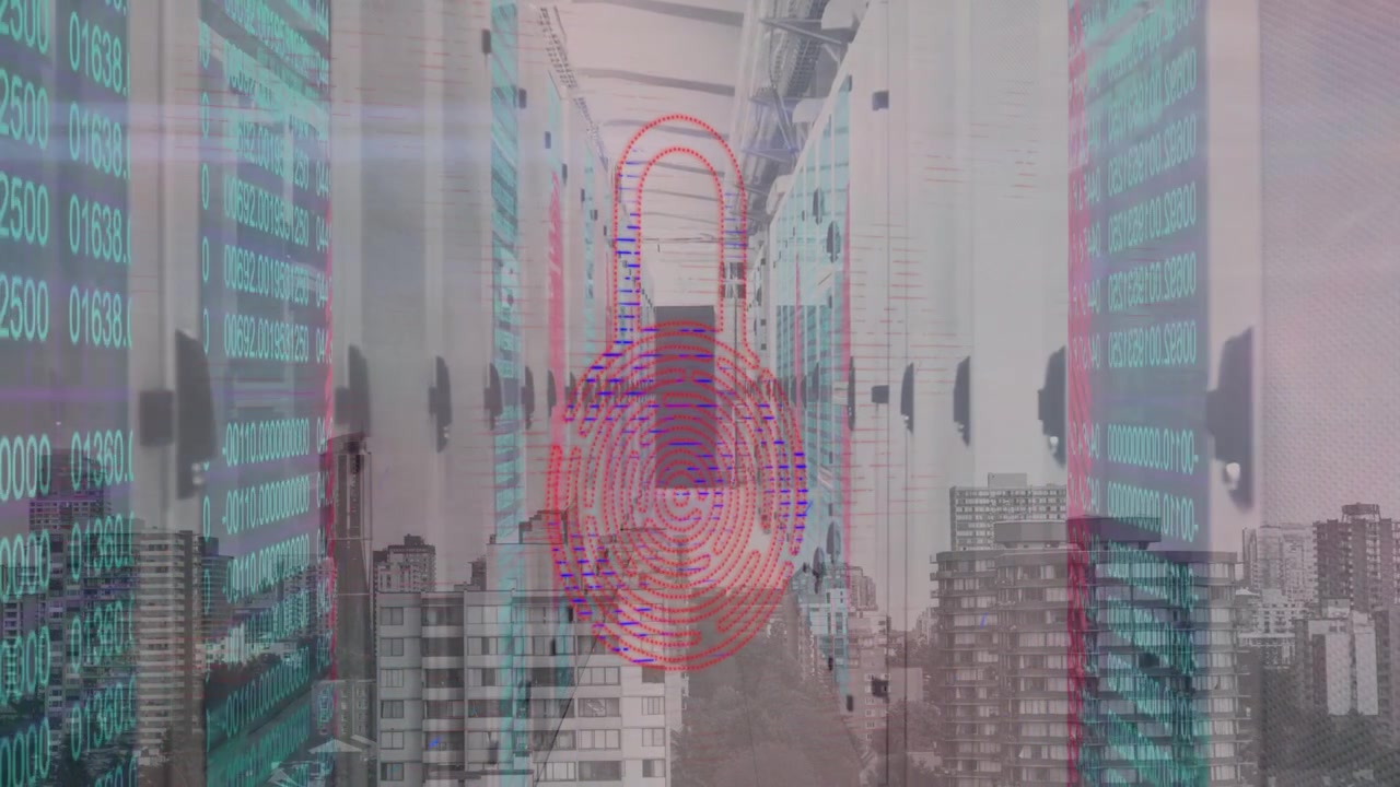 Video verticale: Codice color verde acqua che scintilla, un'impronta digitale in crescita forma un lucchetto sopra i rack, garantendo la sicurezza dei dati.