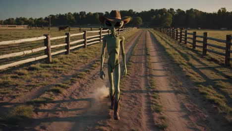 alien cowboy walks country road