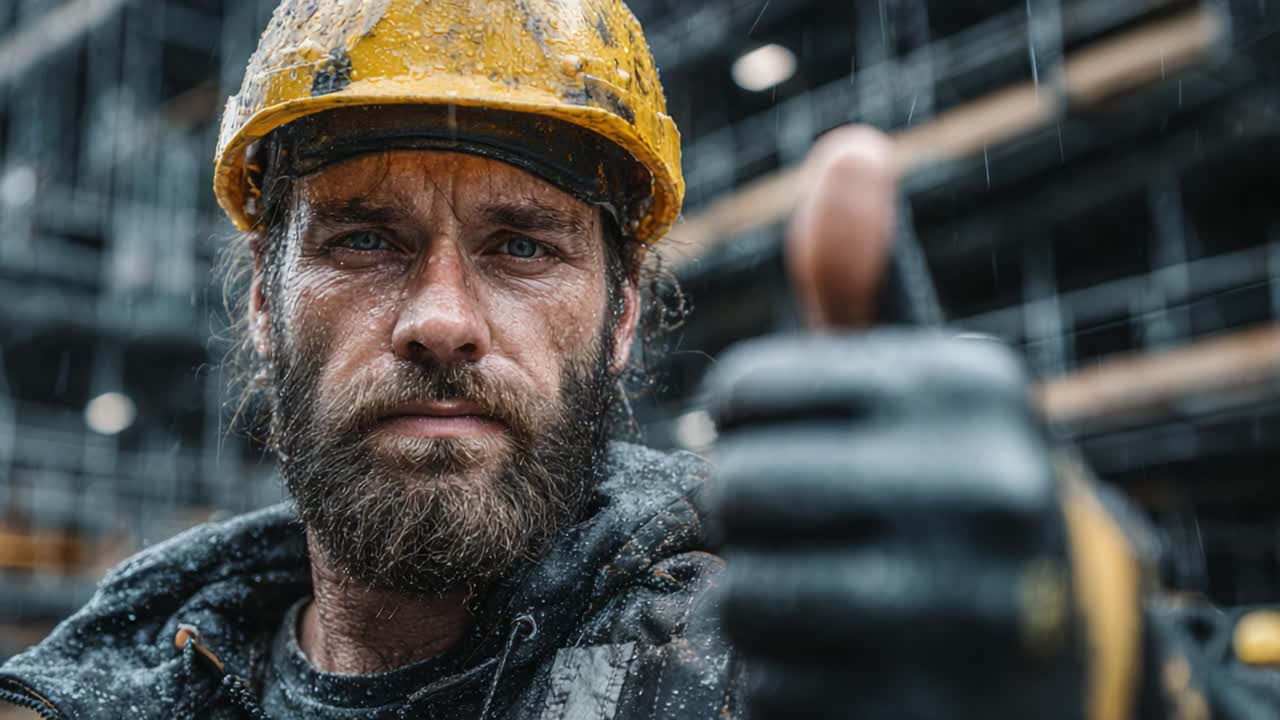 A resilient construction worker gives a thumbs up in the rain, showcasing determination and commitment amidst challenging weather conditions on a busy site