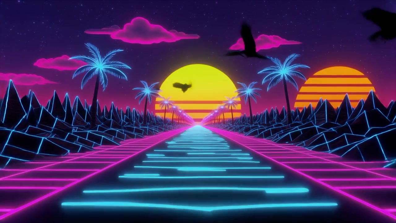 Paesaggio retro synthwave con uccelli in volo e tramonto al neon.