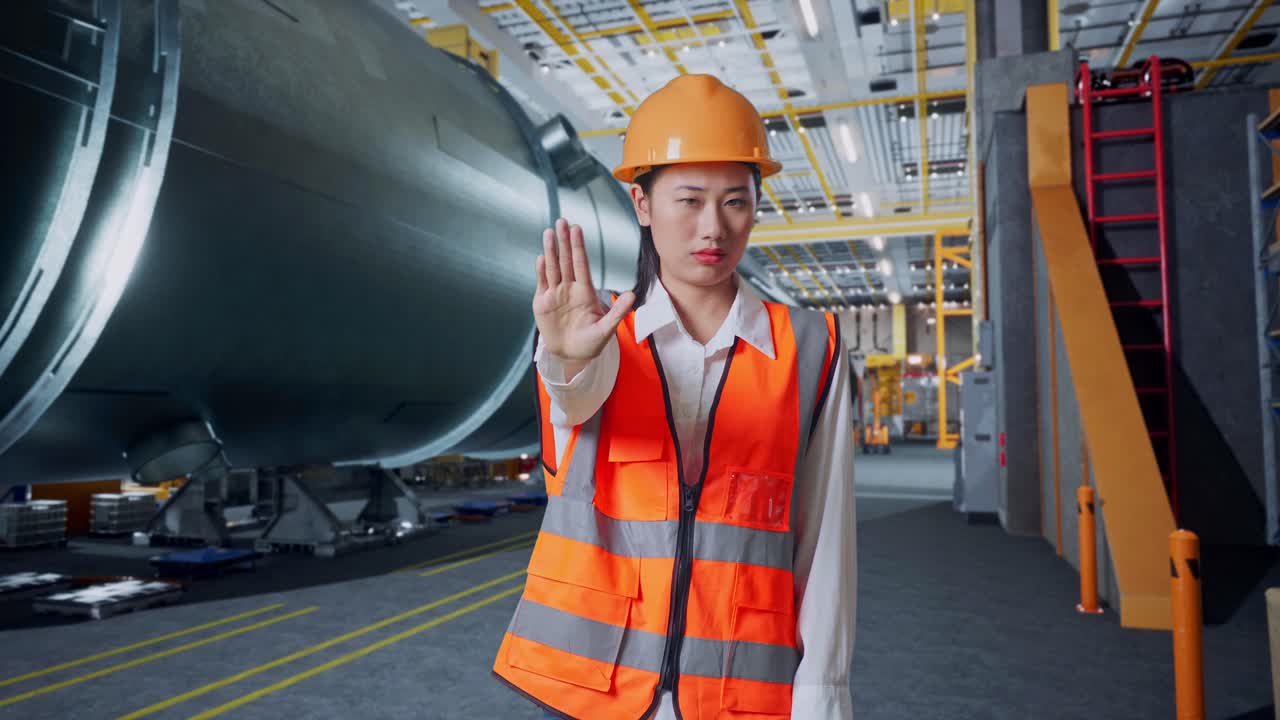 공장 노동자가 제스처를 하고 멈춰