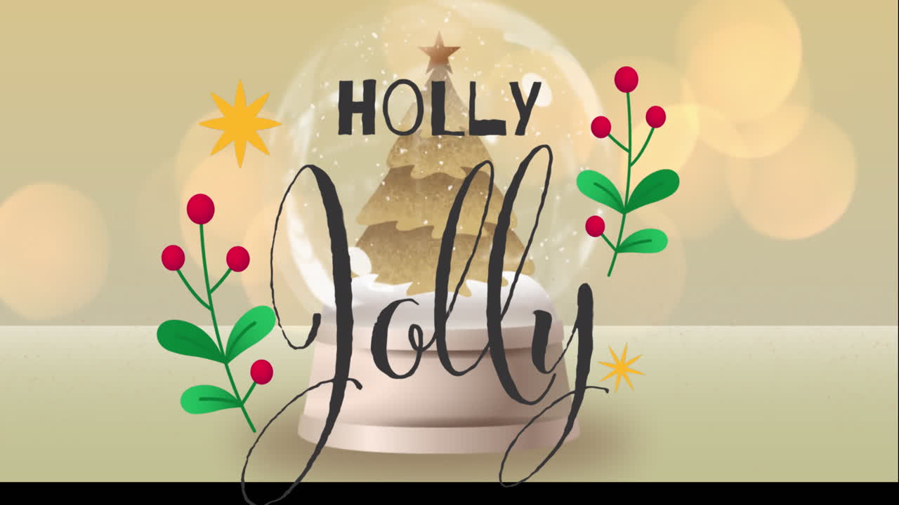 animación de texto de holly jolly con relámpago sobre el árbol de navidad en globo de nieve en la mesa