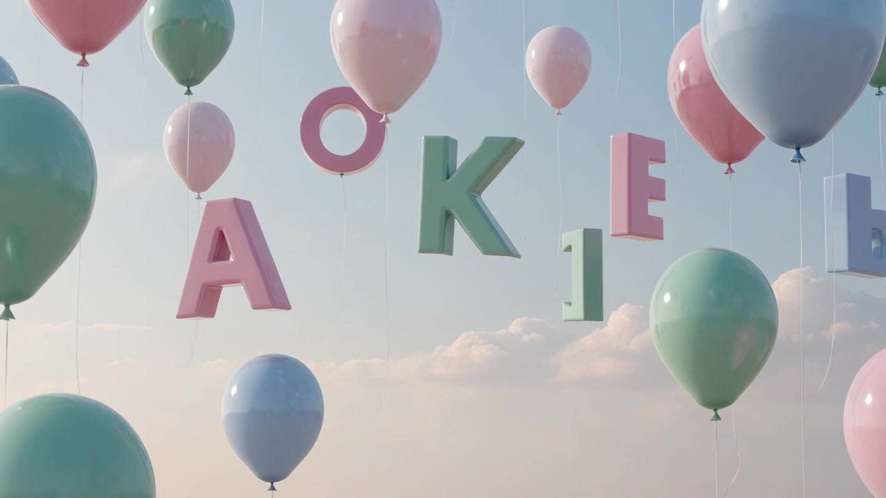 Palloncini pastello e lettere a blocchi che salgono e ondeggiano nel cielo pallido, con il vento che muove i fili sottili.